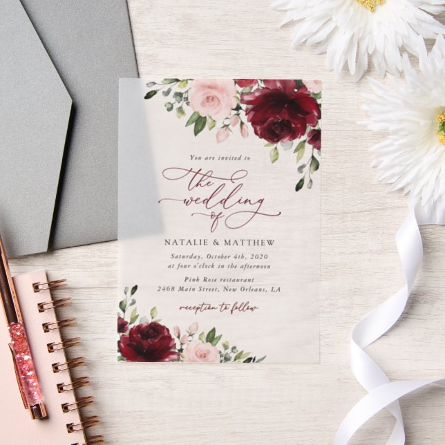 Burgundy Flowers, Pink Flowers, Greenery, Wedding Vellum Invitations (Wedding)