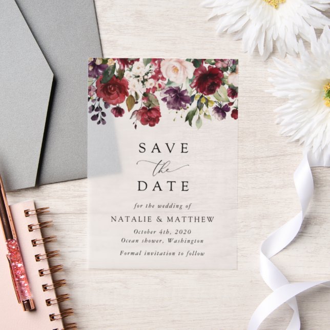 Burgundy Flowers, Pink Flowers, Greenery, Wedding Vellum Invitations (Wedding)