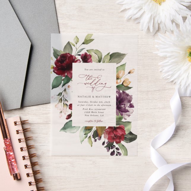 Burgundy Flowers, Pink Flowers, Greenery, Wedding Vellum Invitations (Wedding)