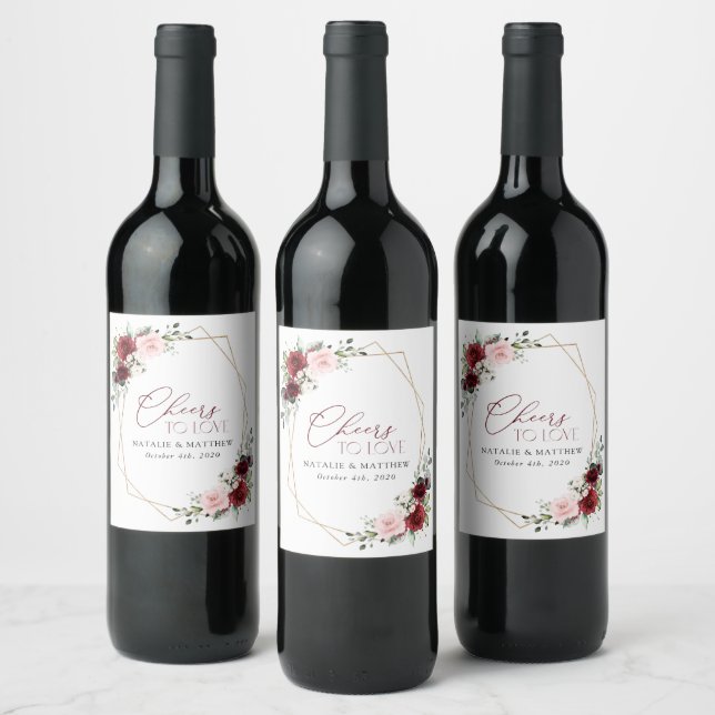Burgundy Flowers, Pink Flowers, Greenery, Wedding Wine Label (Bottles)