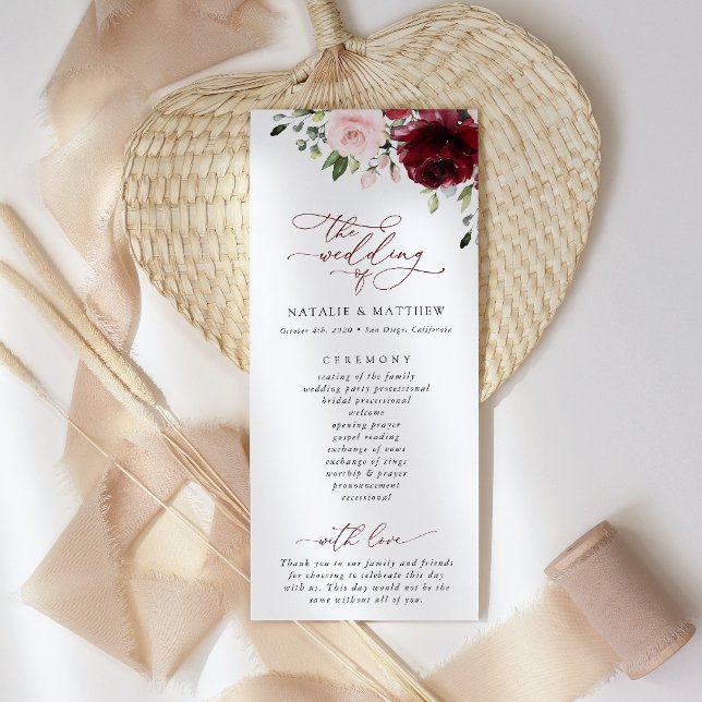 Burgundy Flowers, Pink Flowers, Wedding Program Programme (Creator Uploaded)