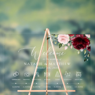 Burgundy Flowers, Pink Flowers, Wedding Timeline Acrylic Sign
