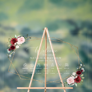 Burgundy Flowers, Pink Flowers, Wedding Timeline Acrylic Sign