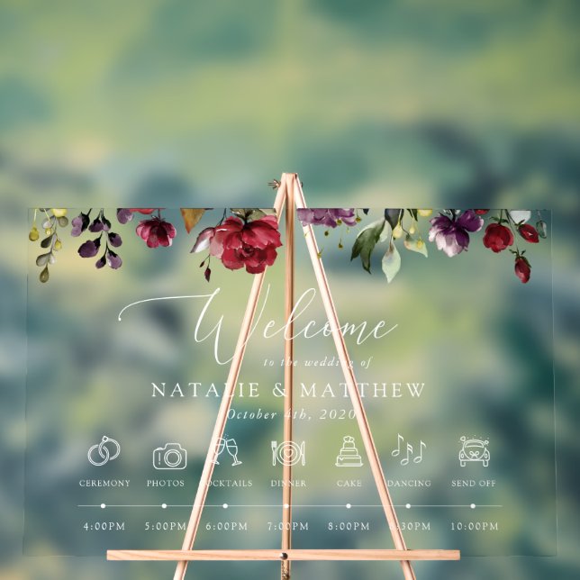 Burgundy Flowers, Pink Flowers, Wedding Timeline Acrylic Sign (Neutral)