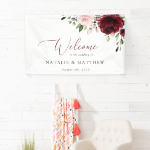 Burgundy Flowers, Pink Flowers, Wedding Welcome Banner
