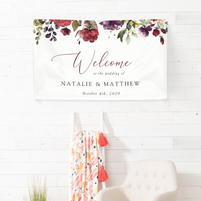 Burgundy Flowers, Pink Flowers, Wedding Welcome Banner (Insitu)
