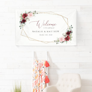 Burgundy Flowers, Pink Flowers, Wedding Welcome Banner