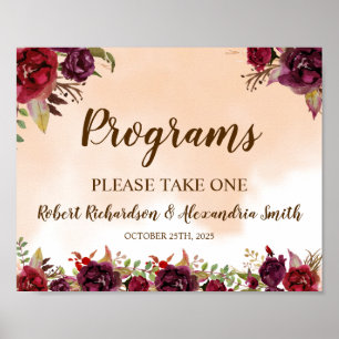 Burgundy Flowers Programs Wedding Ceremony Sign