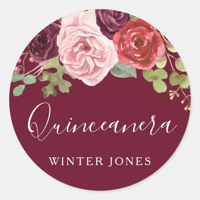 Burgundy Flowers Quinceanera Party Favour Seal (Front)
