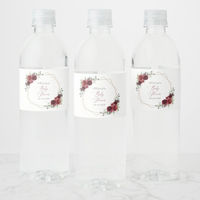 Burgundy Flowers, Red Flowers, Baby Shower Water Bottle Label (Bottles)