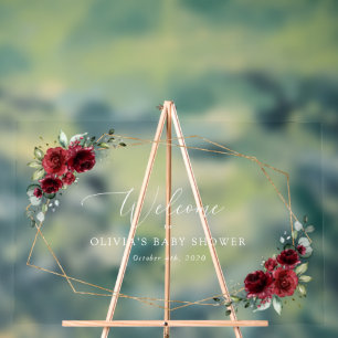 Burgundy Flowers, Red Flowers, Baby Shower Welcome Acrylic Sign
