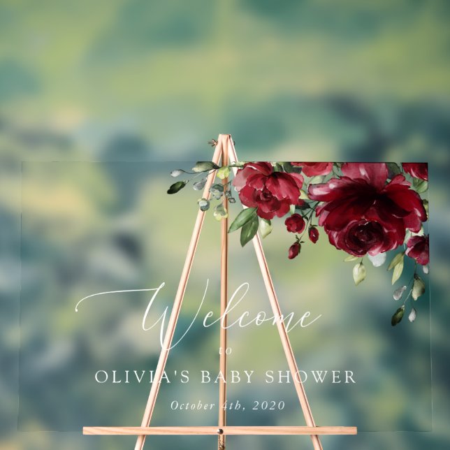 Burgundy Flowers, Red Flowers, Baby Shower Welcome Acrylic Sign (Neutral)