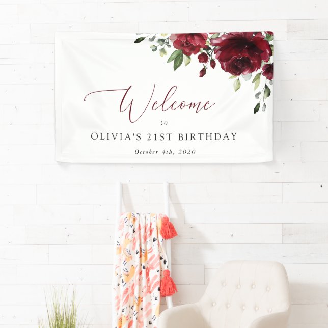 Burgundy Flowers, Red Flowers, Birthday Welcome Banner (Insitu)