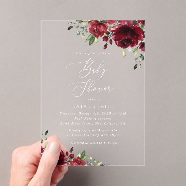 Burgundy Flowers, Red Flowers, Boho, Baby Shower Acrylic Invitations (Insitu (Handheld))