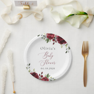 Burgundy Flowers, Red Flowers, Boho, Baby Shower Paper Plate