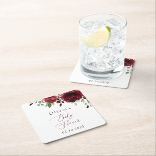 Burgundy Flowers, Red Flowers, Boho, Baby Shower Square Paper Coaster