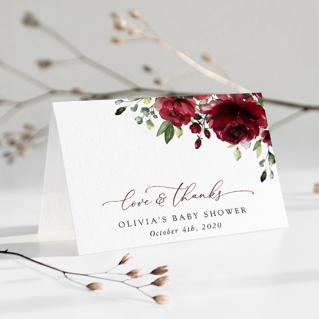 Burgundy Flowers, Red Flowers, Boho, Baby Shower Thank You Card (Creator Uploaded)