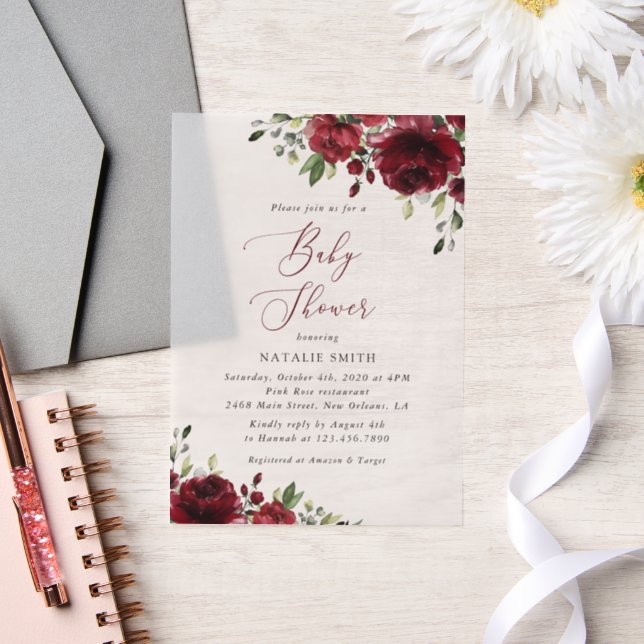 Burgundy Flowers, Red Flowers, Boho, Baby Shower Vellum Invitations (Wedding)