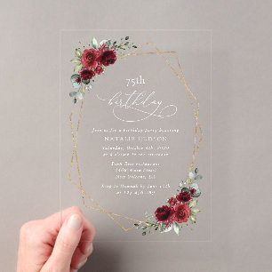 Burgundy Flowers, Red Flowers, Boho, Birthday Acrylic Invitations
