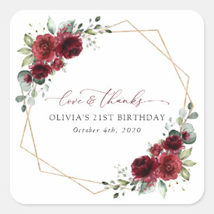 Burgundy Flowers, Red Flowers, Boho, Birthday Square Sticker