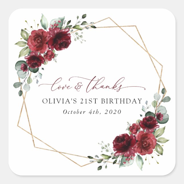 Burgundy Flowers, Red Flowers, Boho, Birthday Square Sticker (Front)