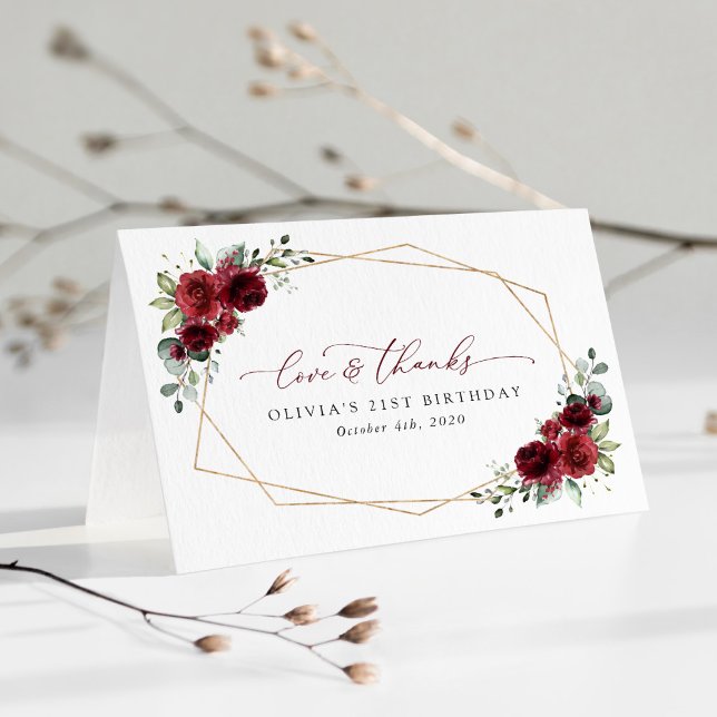 Burgundy Flowers, Red Flowers, Boho, Birthday Thank You Card (Creator Uploaded)