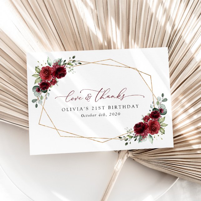 Burgundy Flowers, Red Flowers, Boho, Birthday Thank You Card (Creator Uploaded)