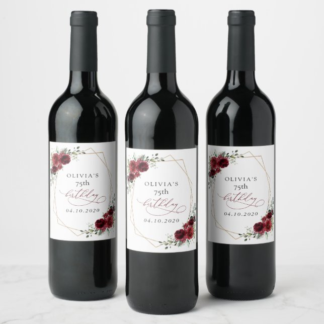 Burgundy Flowers, Red Flowers, Boho, Birthday Wine Label (Bottles)