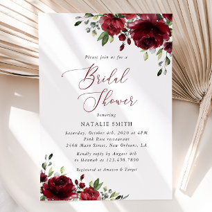 Burgundy Flowers, Red Flowers, Boho, Bridal Shower Invitation