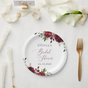 Burgundy Flowers, Red Flowers, Boho, Bridal Shower Paper Plate