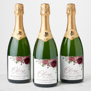 Burgundy Flowers, Red Flowers, Boho, Bridal Shower Sparkling Wine Label