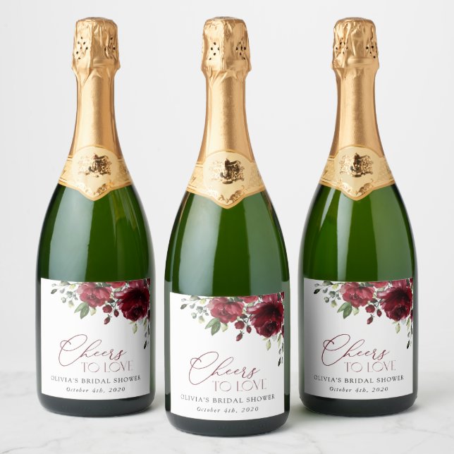 Burgundy Flowers, Red Flowers, Boho, Bridal Shower Sparkling Wine Label (Bottles)