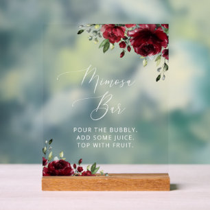 Burgundy Flowers, Red Flowers, Boho, Mimosa Bar  Acrylic Sign