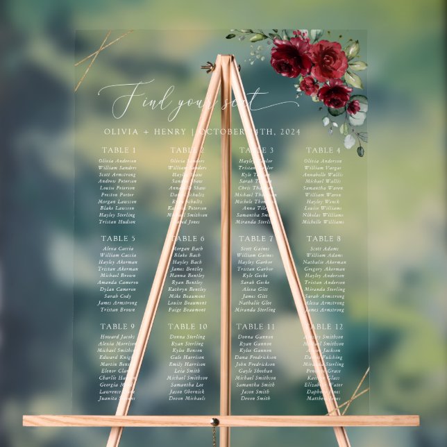 Burgundy Flowers, Red Flowers, Boho, Seating Chart (Neutral)