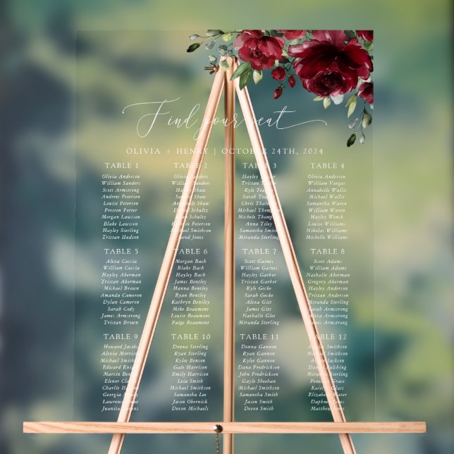 Burgundy Flowers, Red Flowers, Boho, Seating Chart (Neutral)