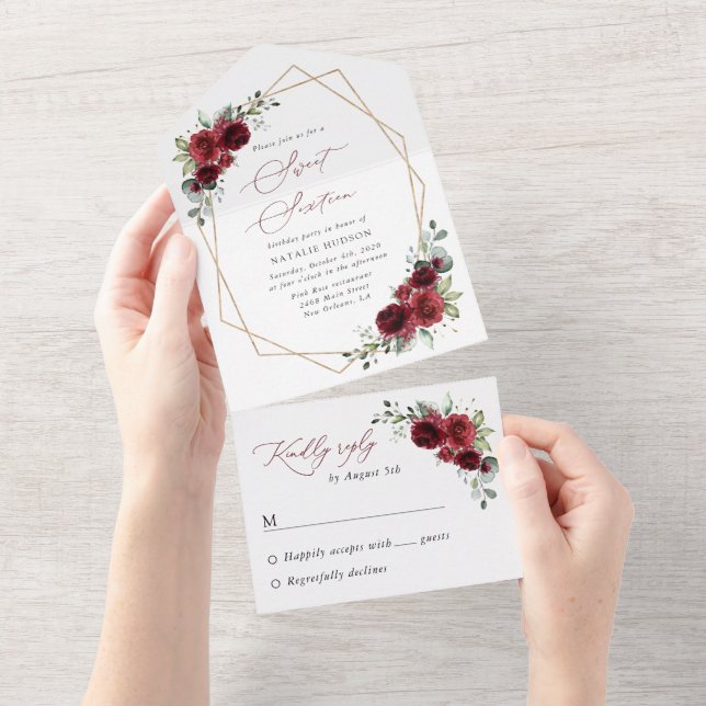 Burgundy Flowers, Red Flowers, Boho, Sweet 16 All In One Invitation (Tearaway)