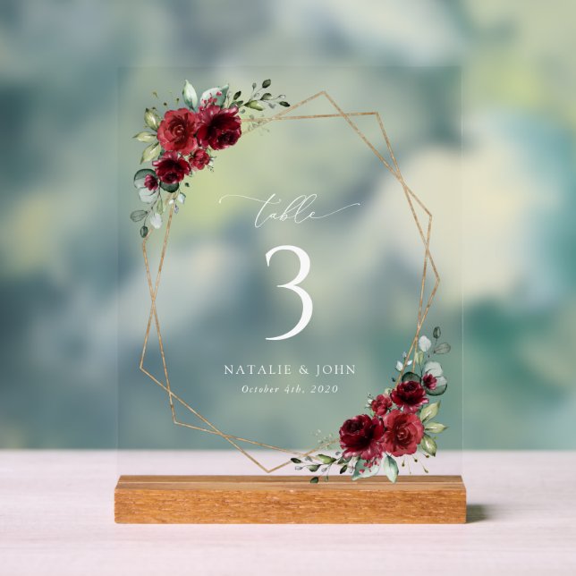 Burgundy Flowers, Red Flowers, Boho, Table Numbers Acrylic Sign (Neutral)