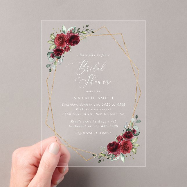 Burgundy Flowers, Red Flowers, Bridal Shower Acrylic Invitations (Insitu (Handheld))