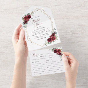 Burgundy Flowers, Red Flowers, Bridal Shower All In One Invitation