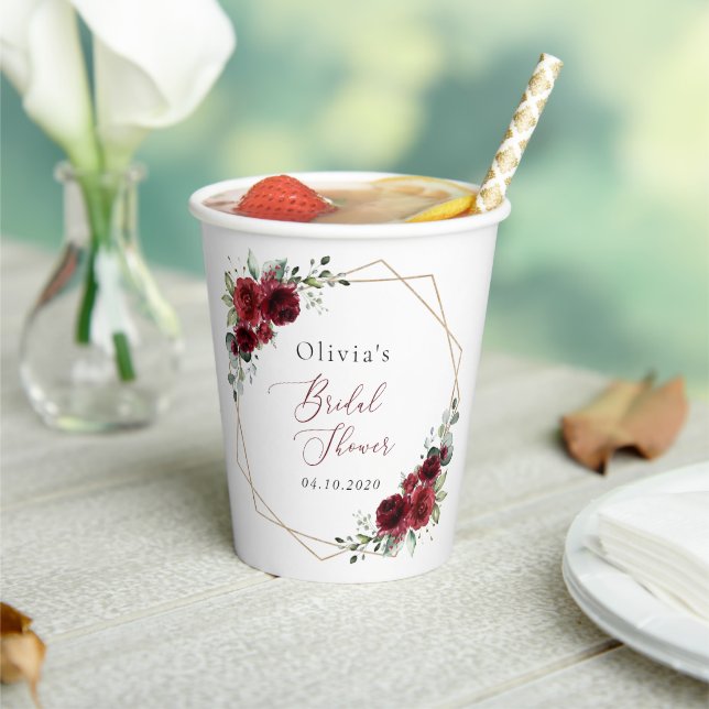 Burgundy Flowers, Red Flowers, Bridal Shower Paper Cups (Insitu)