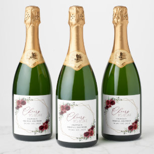 Burgundy Flowers, Red Flowers, Bridal Shower Sparkling Wine Label