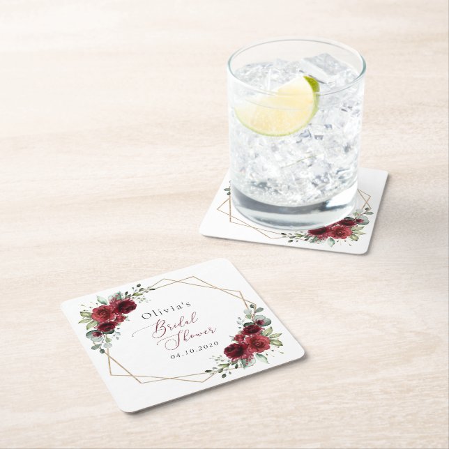 Burgundy Flowers, Red Flowers, Bridal Shower Square Paper Coaster (Insitu)