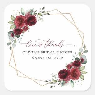 Burgundy Flowers, Red Flowers, Bridal Shower Square Sticker