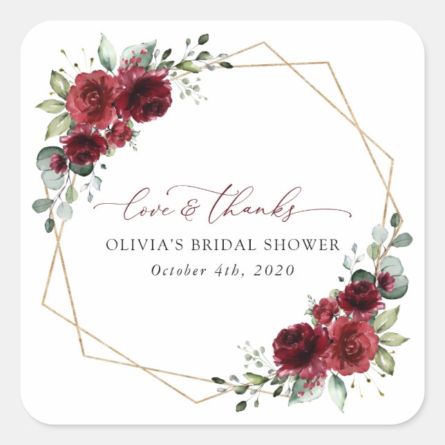 Burgundy Flowers, Red Flowers, Bridal Shower Square Sticker (Front)