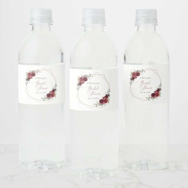 Burgundy Flowers, Red Flowers, Bridal Shower Water Bottle Label (Bottles)