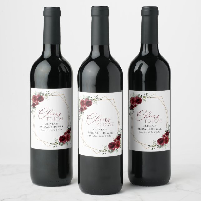 Burgundy Flowers, Red Flowers, Bridal Shower Wine Label (Bottles)