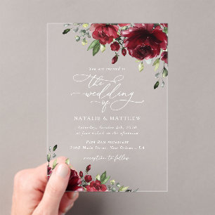 Burgundy Flowers, Red Flowers, Floral Wedding Acrylic Invitations