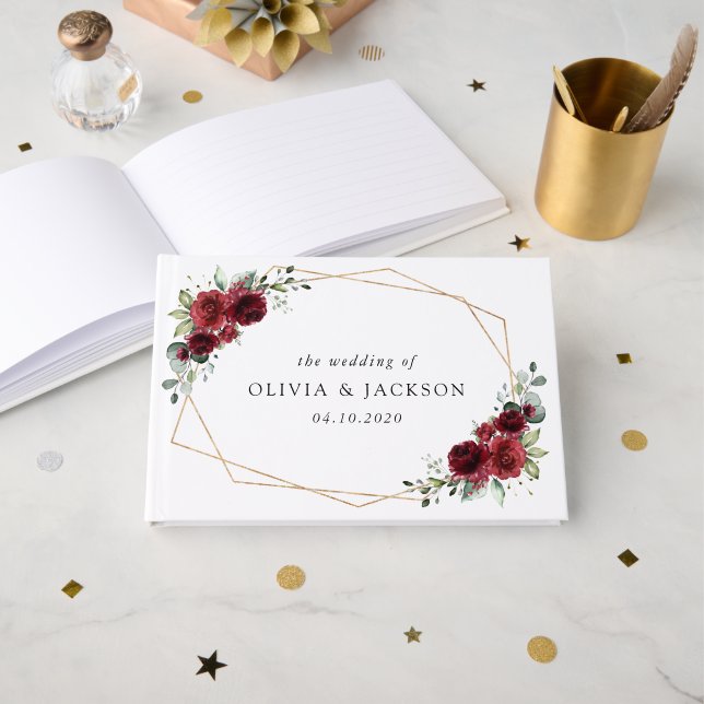 Burgundy Flowers, Red Flowers, Floral Wedding Guest Book (Front Open)