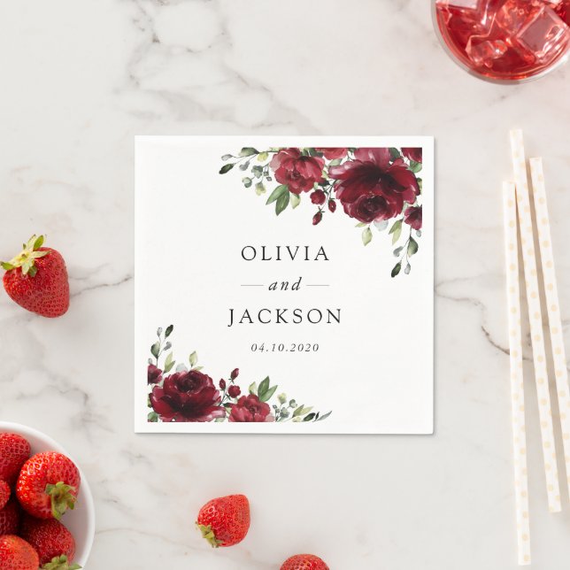 Burgundy Flowers, Red Flowers, Floral Wedding Napkin (Insitu)