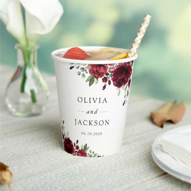 Burgundy Flowers, Red Flowers, Floral Wedding Paper Cups (Insitu)